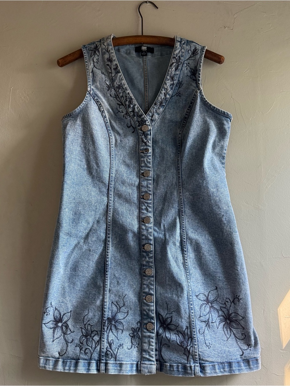 One Of A Kind Denim Button Up Sleeveless Dress With Hand Drawn Floral Design